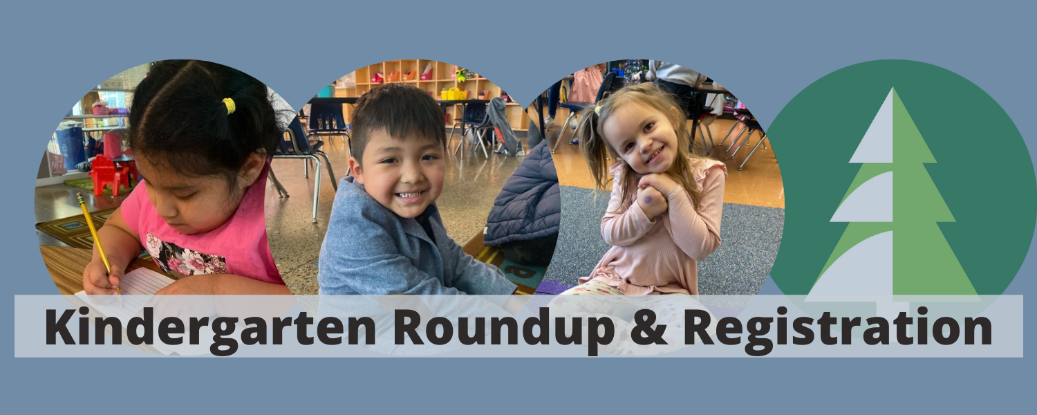 Kindergarten Roundup & Registration. Three circular photos of kinder students.